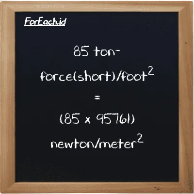 How to convert ton-force(short)/foot<sup>2</sup> to newton/meter<sup>2</sup>: 85 ton-force(short)/foot<sup>2</sup> (tf/ft<sup>2</sup>) is equivalent to 85 times 95761 newton/meter<sup>2</sup> (N/m<sup>2</sup>)